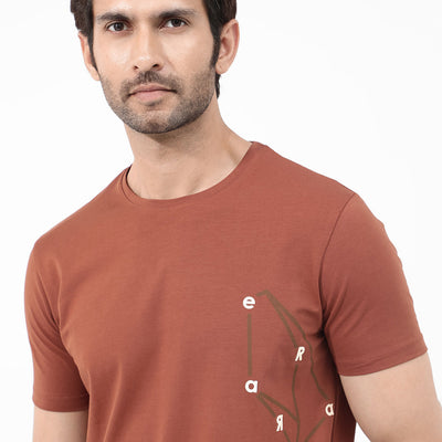 Rare Rabbit Articale Mens Magnus Dusky Rust Cotton Polyester Fabric Short Sleeve Crew Neck Slim Fit Printed T-Shirt