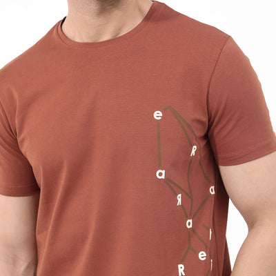 Rare Rabbit Articale Mens Magnus Dusky Rust Cotton Polyester Fabric Short Sleeve Crew Neck Slim Fit Printed T-Shirt