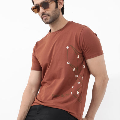 Rare Rabbit Articale Mens Magnus Dusky Rust Cotton Polyester Fabric Short Sleeve Crew Neck Slim Fit Printed T-Shirt
