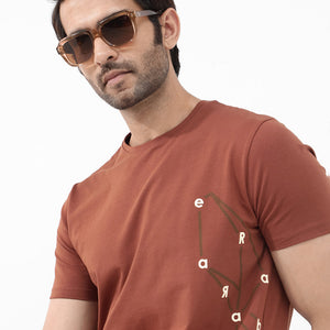Rare Rabbit Articale Mens Magnus Dusky Rust Cotton Polyester Fabric Short Sleeve Crew Neck Slim Fit Printed T-Shirt