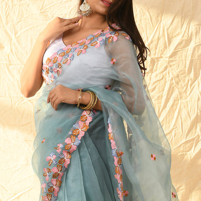 Slate Grey Organza Saree