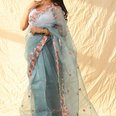 Slate Grey Organza Saree