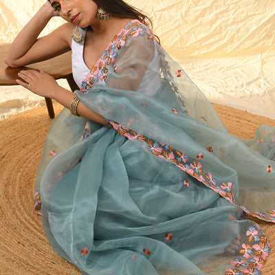 Slate Grey Organza Saree