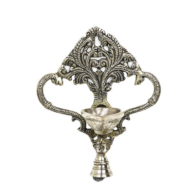 Antique Brass Metal Handcrafted Wall Hanging Diya with Bell (3.6 x 6.6 in)