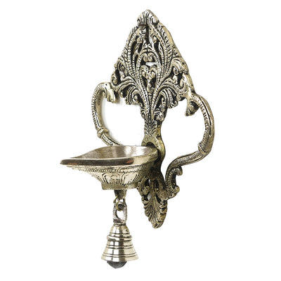 Antique Brass Metal Handcrafted Wall Hanging Diya with Bell (3.6 x 6.6 in)