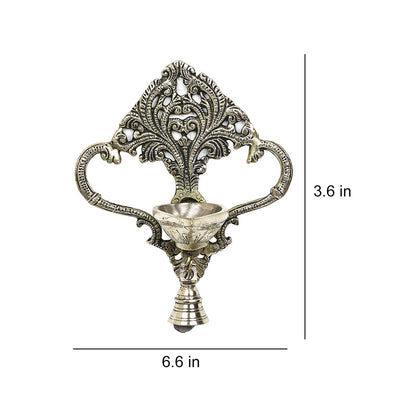 Antique Brass Metal Handcrafted Wall Hanging Diya with Bell (3.6 x 6.6 in)