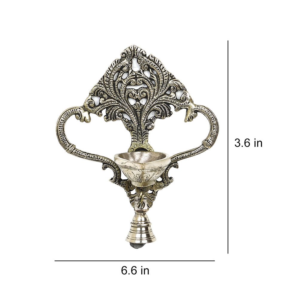 Antique Brass Metal Handcrafted Wall Hanging Diya with Bell (3.6 x 6.6 in)