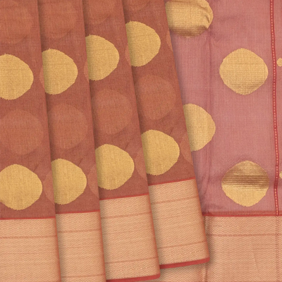 Rust Handloom Silk Cotton Saree With Coin Butta-Rust