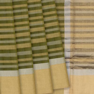 Olive Green Handloom Silk Cotton Saree With Stripes-Olive Green