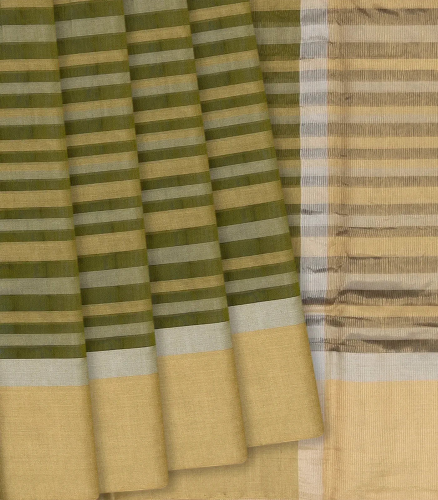 Olive Green Handloom Silk Cotton Saree With Stripes-Olive Green
