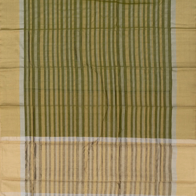 Olive Green Handloom Silk Cotton Saree With Stripes-Olive Green
