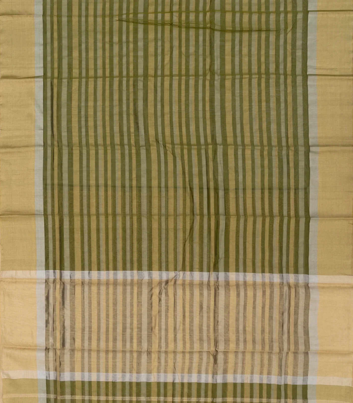 Olive Green Handloom Silk Cotton Saree With Stripes-Olive Green