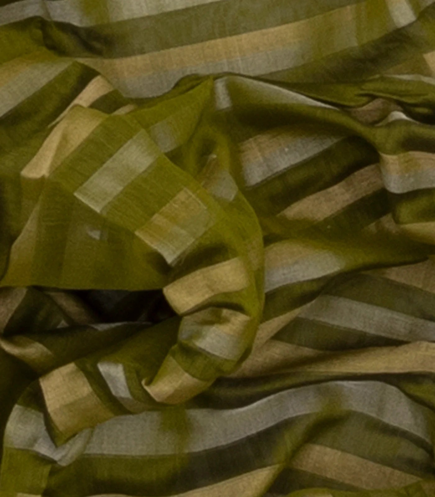Olive Green Handloom Silk Cotton Saree With Stripes-Olive Green