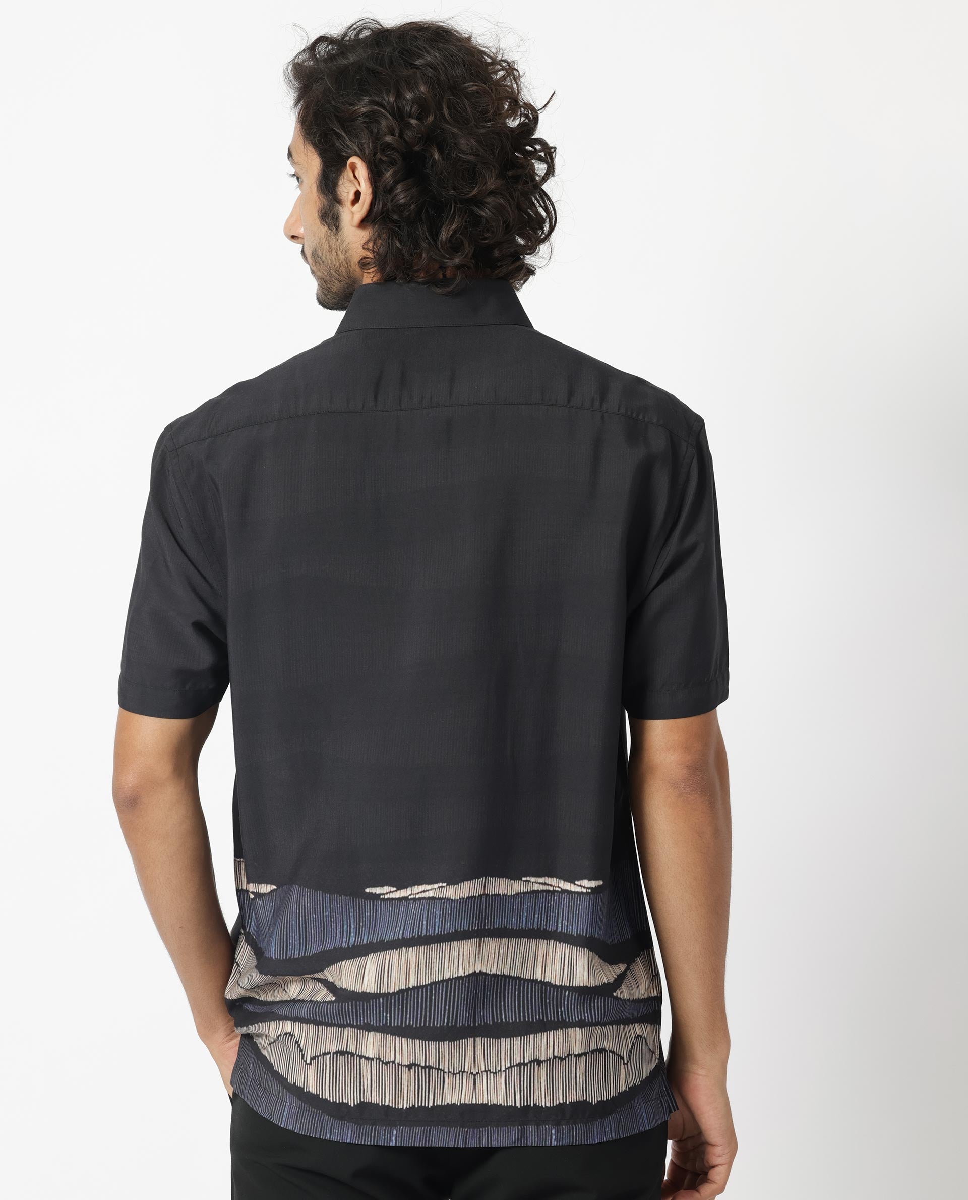 Rare Rabbit Men's Mesan Black Viscose Fabric Abstract Print Half Sleeves Shirt