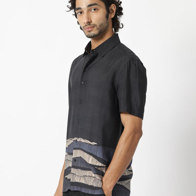 Rare Rabbit Men's Mesan Black Viscose Fabric Abstract Print Half Sleeves Shirt