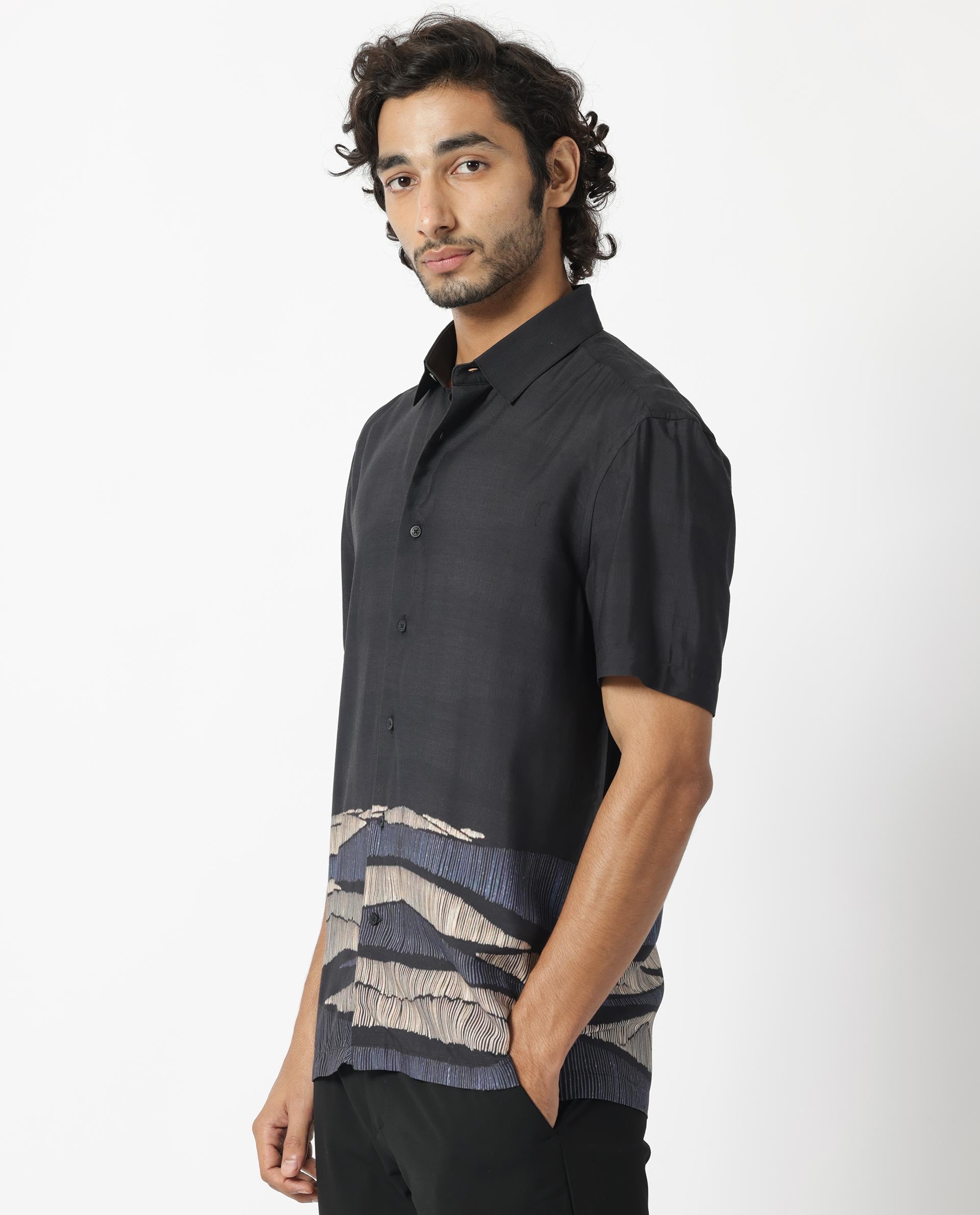 Rare Rabbit Men's Mesan Black Viscose Fabric Abstract Print Half Sleeves Shirt