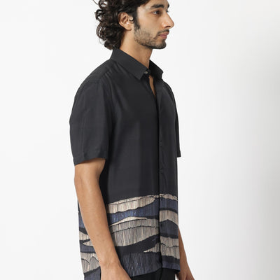 Rare Rabbit Men's Mesan Black Viscose Fabric Abstract Print Half Sleeves Shirt