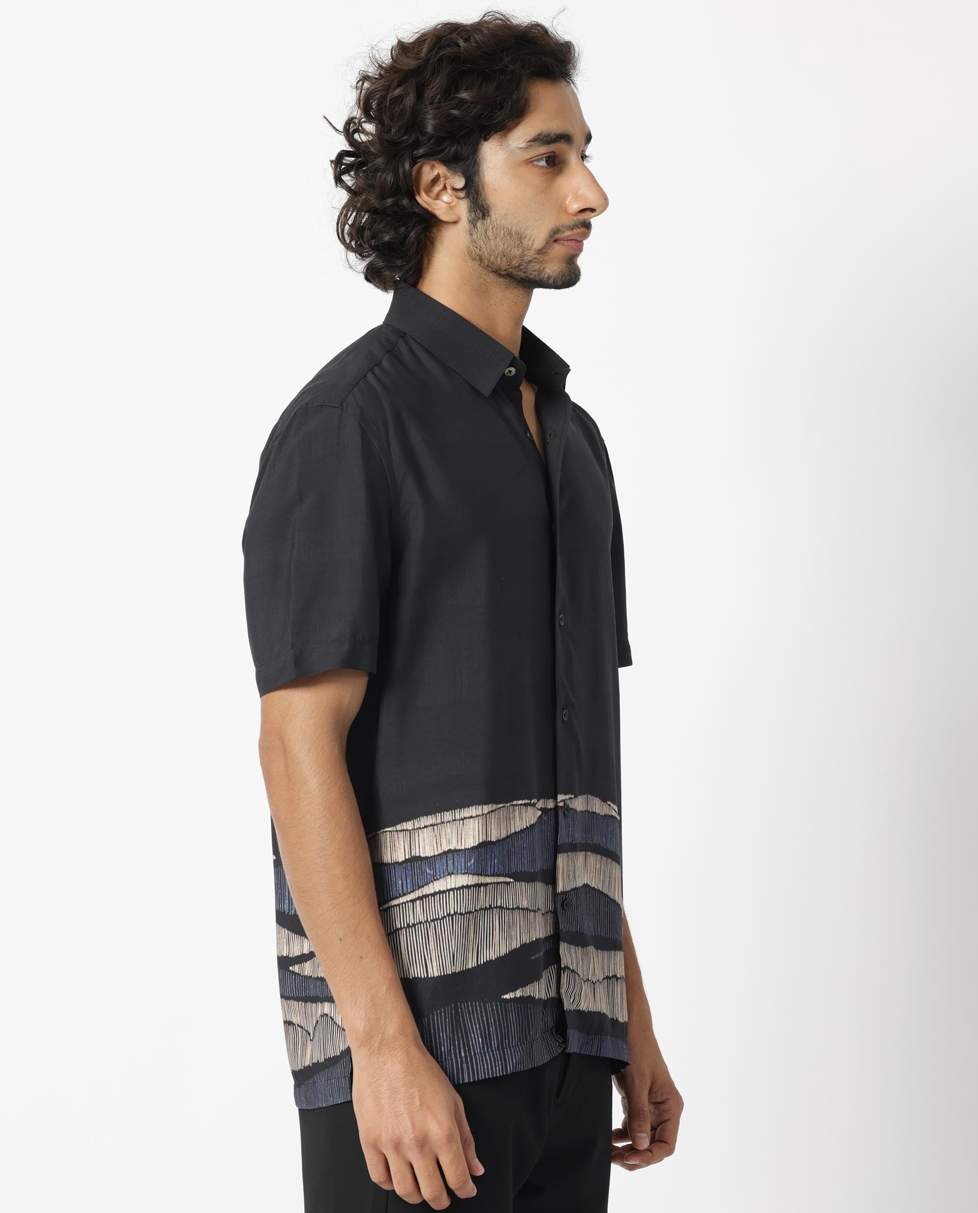 Rare Rabbit Men's Mesan Black Viscose Fabric Abstract Print Half Sleeves Shirt