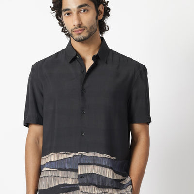 Rare Rabbit Men's Mesan Black Viscose Fabric Abstract Print Half Sleeves Shirt