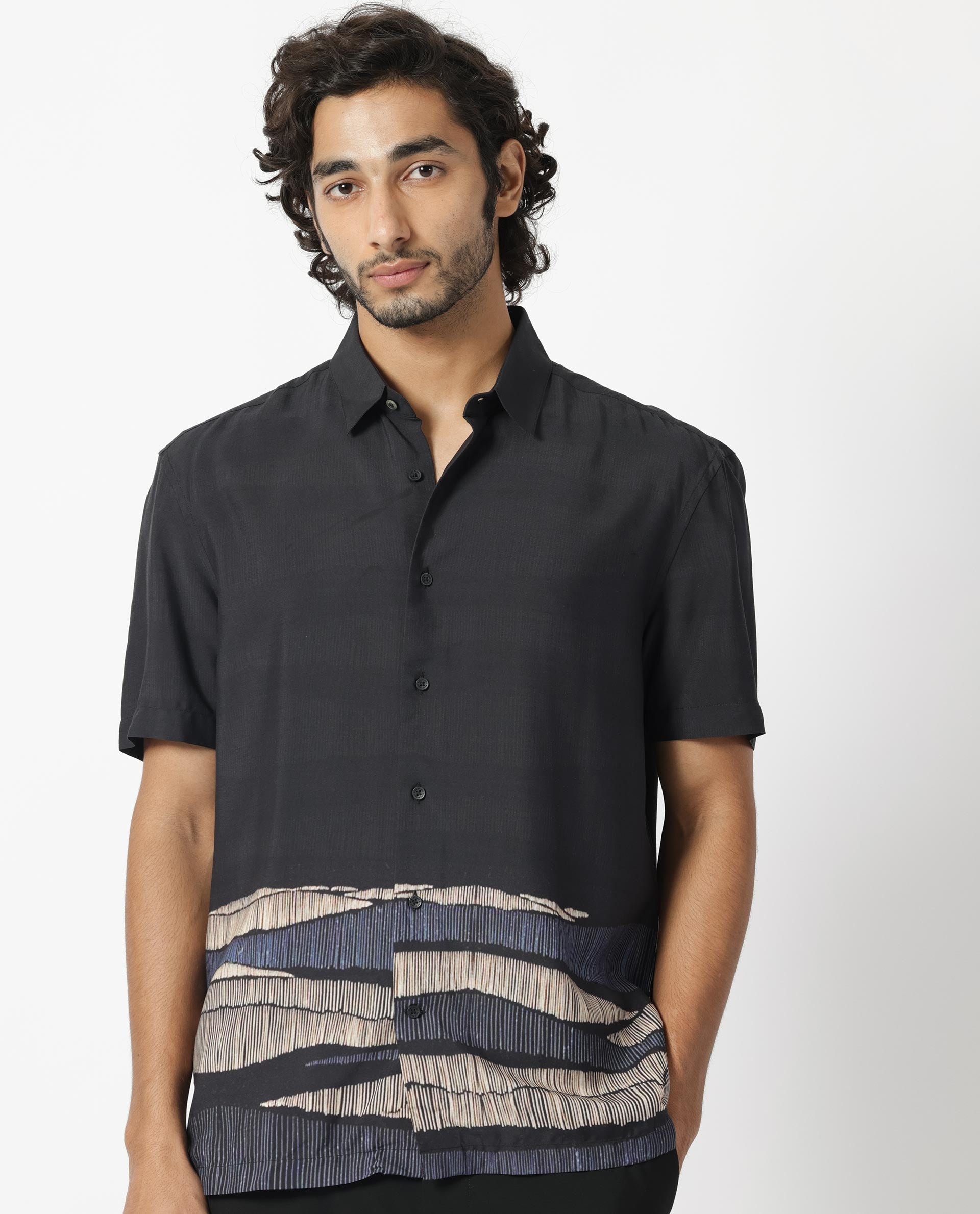 Rare Rabbit Men's Mesan Black Viscose Fabric Abstract Print Half Sleeves Shirt