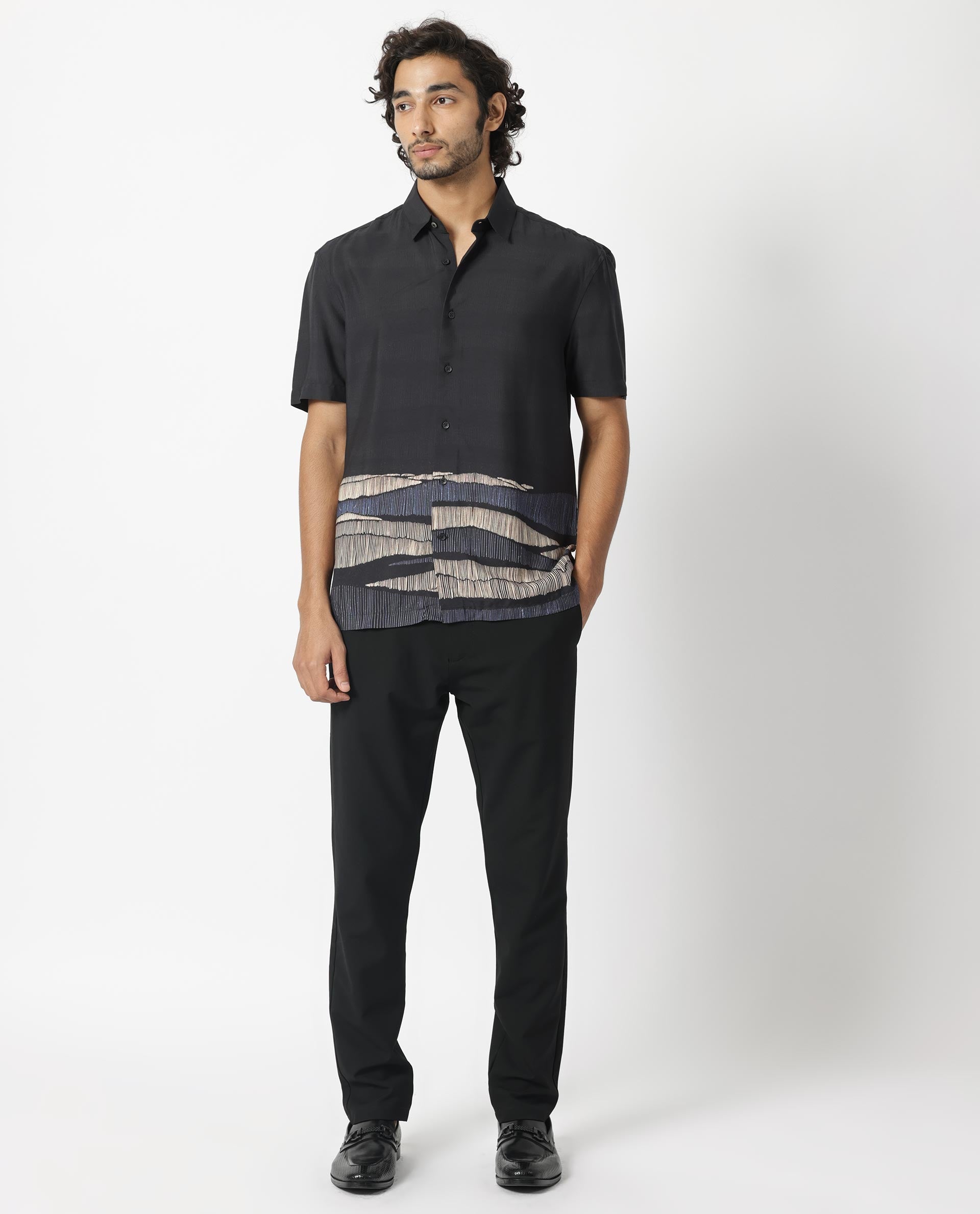 Rare Rabbit Men's Mesan Black Viscose Fabric Abstract Print Half Sleeves Shirt