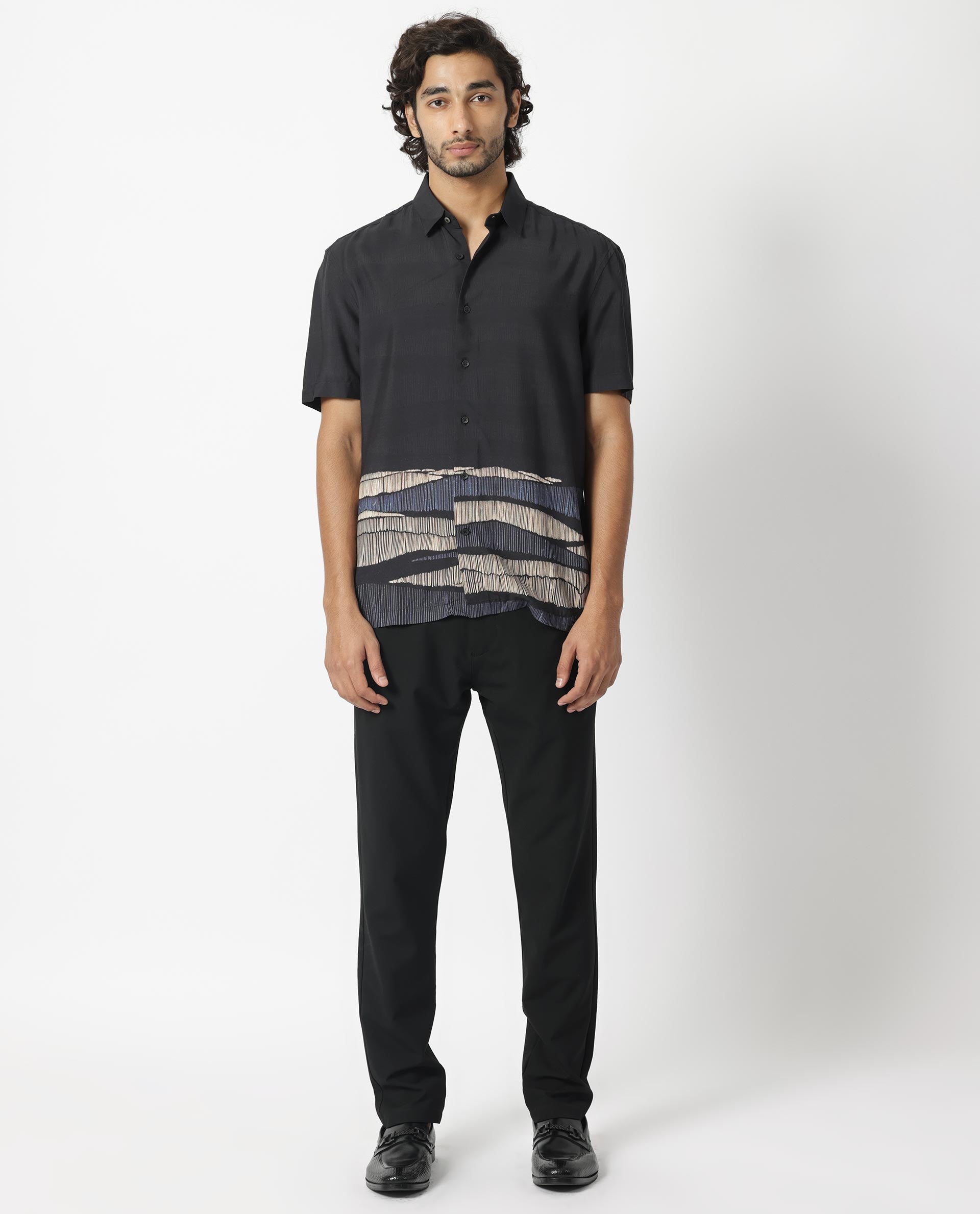 Rare Rabbit Men's Mesan Black Viscose Fabric Abstract Print Half Sleeves Shirt