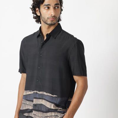 Rare Rabbit Men's Mesan Black Viscose Fabric Abstract Print Half Sleeves Shirt