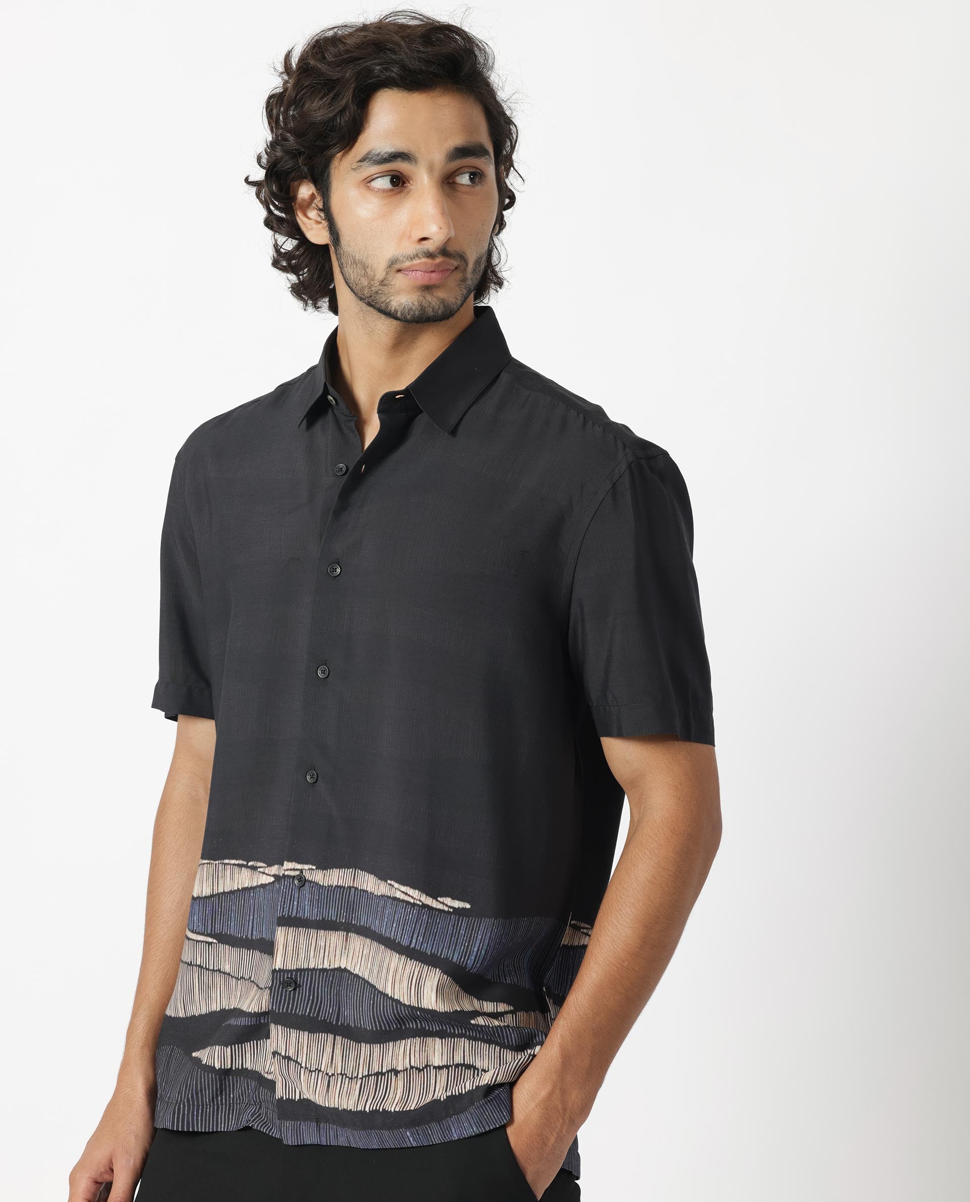 Rare Rabbit Men's Mesan Black Viscose Fabric Abstract Print Half Sleeves Shirt