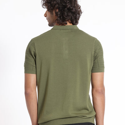 Rare Rabbit Men's Mesk Green Collared Neck Half Sleeves Knitted Polo T-Shirt