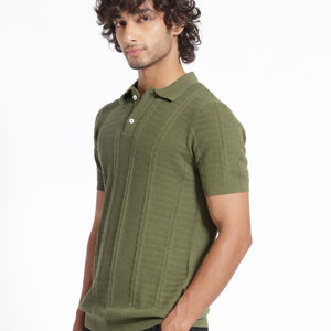 Rare Rabbit Men's Mesk Green Collared Neck Half Sleeves Knitted Polo T-Shirt