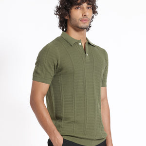 Rare Rabbit Men's Mesk Green Collared Neck Half Sleeves Knitted Polo T-Shirt
