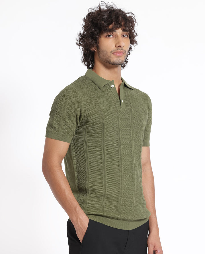 Rare Rabbit Men's Mesk Green Collared Neck Half Sleeves Knitted Polo T-Shirt