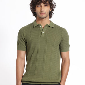 Rare Rabbit Men's Mesk Green Collared Neck Half Sleeves Knitted Polo T-Shirt