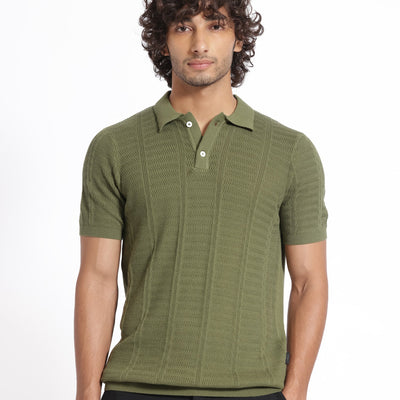 Rare Rabbit Men's Mesk Green Collared Neck Half Sleeves Knitted Polo T-Shirt