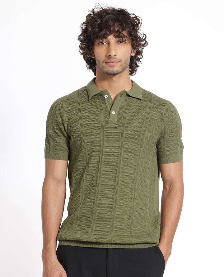 Rare Rabbit Men's Mesk Green Collared Neck Half Sleeves Knitted Polo T-Shirt