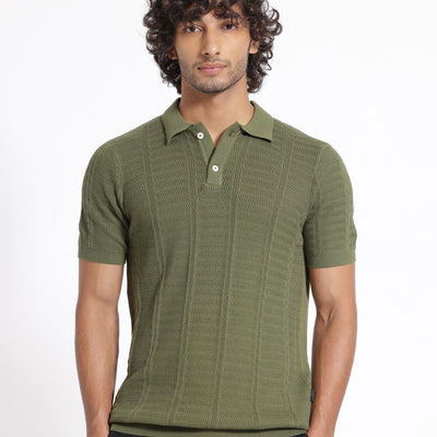 Rare Rabbit Men's Mesk Green Collared Neck Half Sleeves Knitted Polo T-Shirt