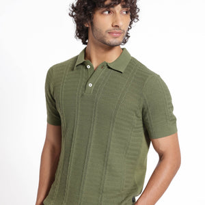 Rare Rabbit Men's Mesk Green Collared Neck Half Sleeves Knitted Polo T-Shirt