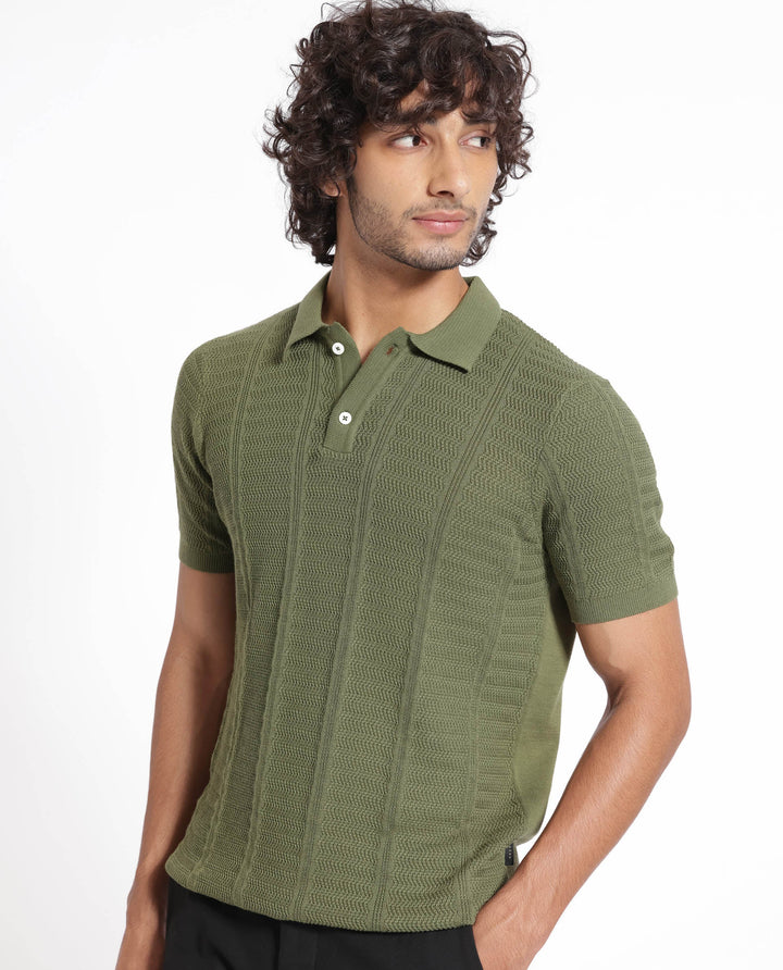 Rare Rabbit Men's Mesk Green Collared Neck Half Sleeves Knitted Polo T-Shirt