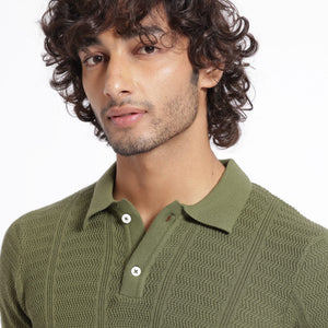 Rare Rabbit Men's Mesk Green Collared Neck Half Sleeves Knitted Polo T-Shirt
