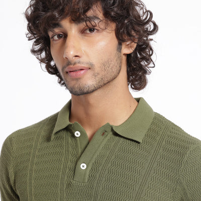 Rare Rabbit Men's Mesk Green Collared Neck Half Sleeves Knitted Polo T-Shirt