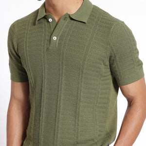 Rare Rabbit Men's Mesk Green Collared Neck Half Sleeves Knitted Polo T-Shirt