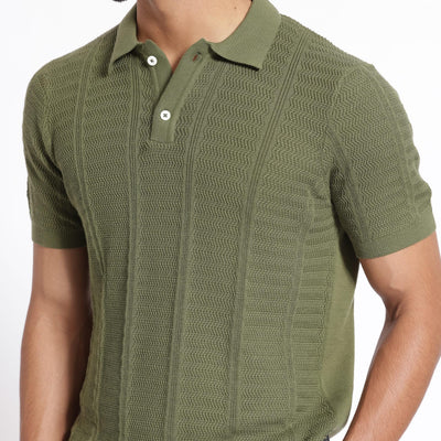 Rare Rabbit Men's Mesk Green Collared Neck Half Sleeves Knitted Polo T-Shirt