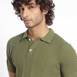 Rare Rabbit Men's Mesk Green Collared Neck Half Sleeves Knitted Polo T-Shirt