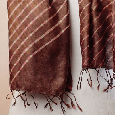 Brown - Leheriya Tie-Dye Mothra Tussar Silk Handloom Stole with Tassels