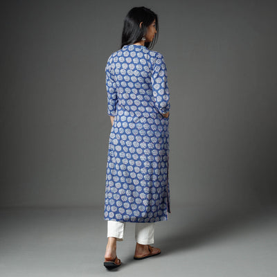 Blue - Akola Block Printed Cotton Long Straight Kurta