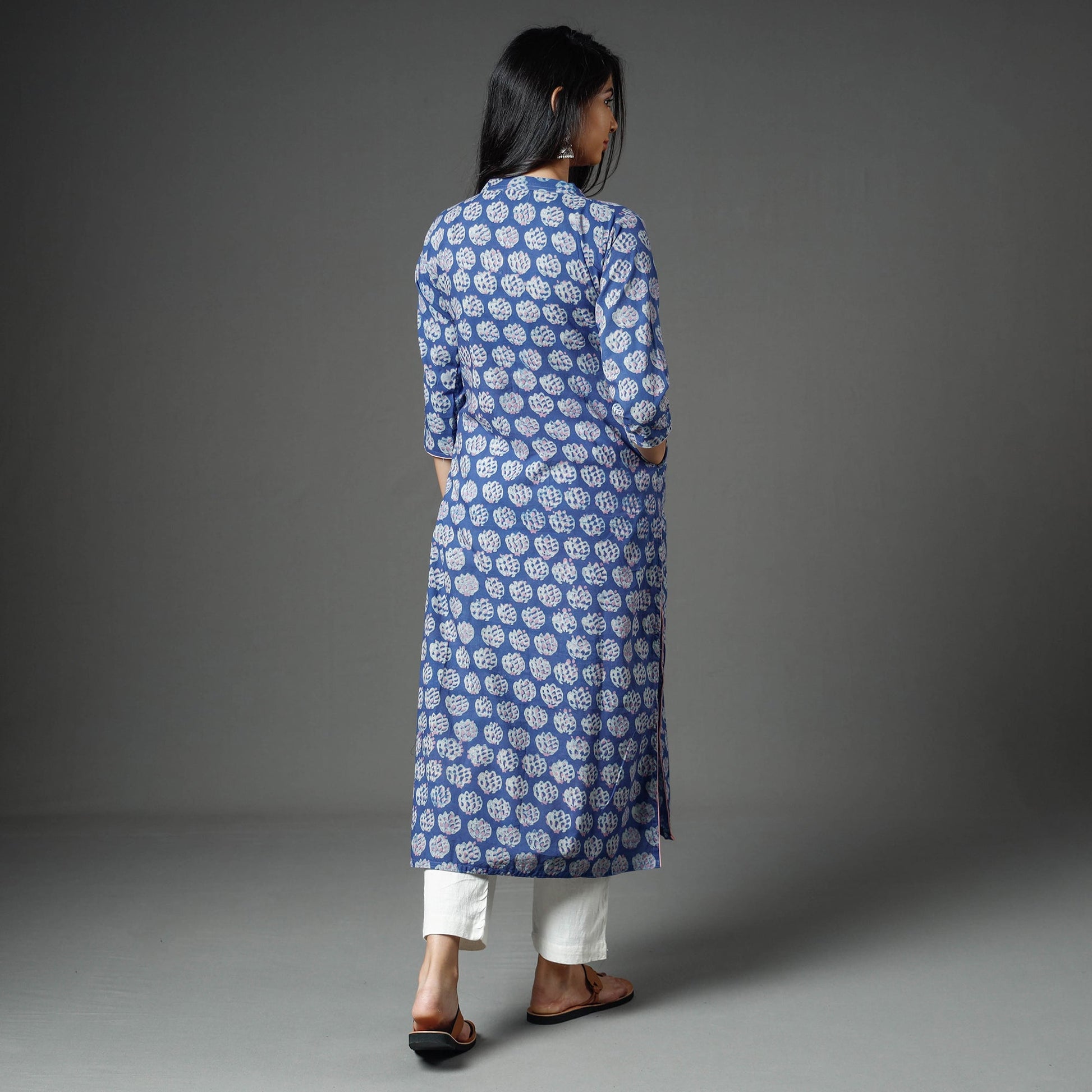 Blue - Akola Block Printed Cotton Long Straight Kurta