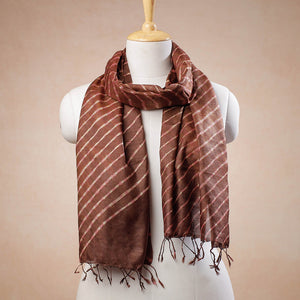 Brown - Leheriya Tie-Dye Mothra Tussar Silk Handloom Stole with Tassels