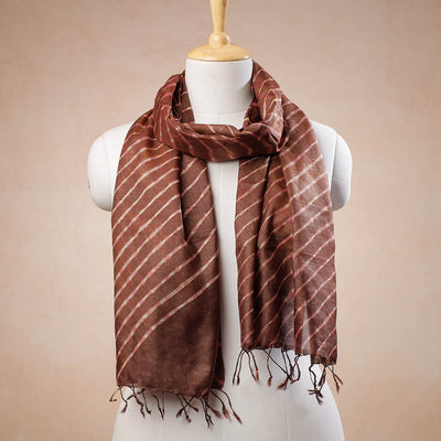 Brown - Leheriya Tie-Dye Mothra Tussar Silk Handloom Stole with Tassels