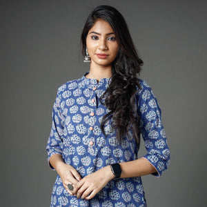 Blue - Akola Block Printed Cotton Long Straight Kurta