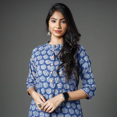 Blue - Akola Block Printed Cotton Long Straight Kurta